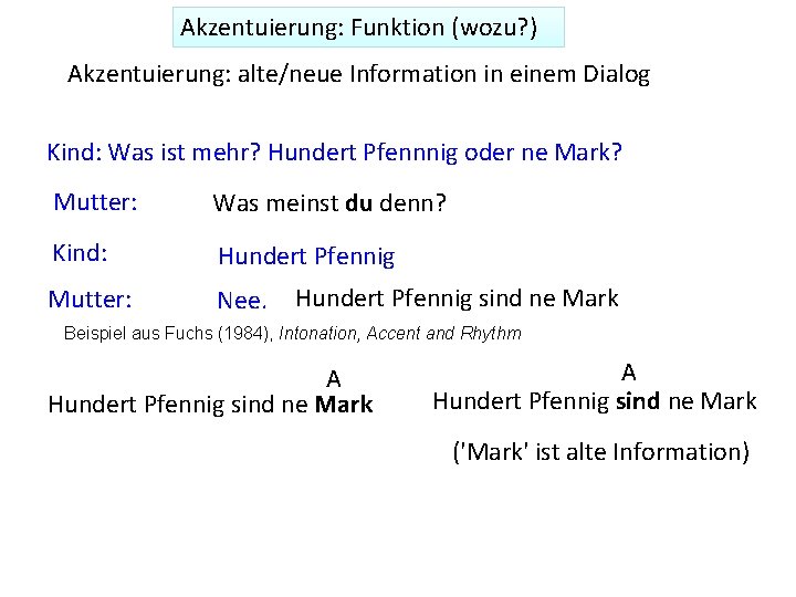 Akzentuierung: Funktion (wozu? ) Akzentuierung: alte/neue Information in einem Dialog Kind: Was ist mehr?