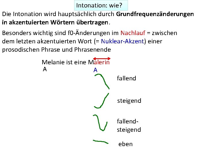 Intonation: wie? Die Intonation wird hauptsächlich durch Grundfrequenzänderungen in akzentuierten Wörtern übertragen. Besonders wichtig