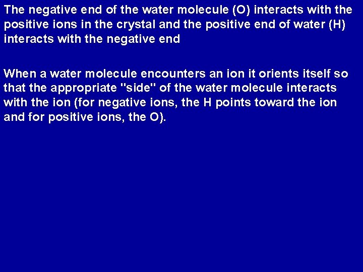 The negative end of the water molecule (O) interacts with the positive ions in