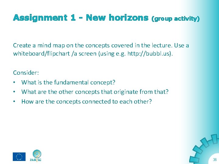 Assignment 1 - New horizons (group activity) Create a mind map on the concepts