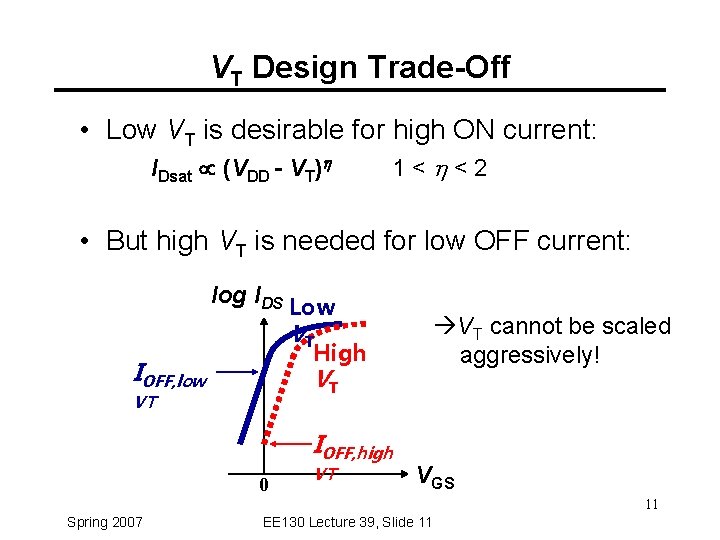 VT Design Trade-Off • Low VT is desirable for high ON current: IDsat (VDD