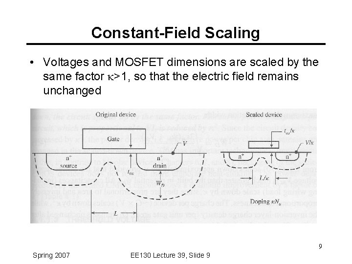 Constant-Field Scaling • Voltages and MOSFET dimensions are scaled by the same factor k>1,