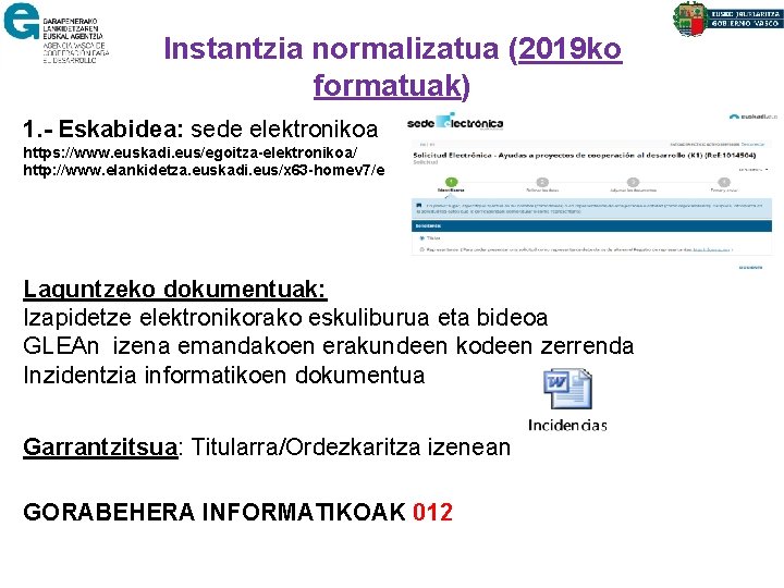 Instantzia normalizatua (2019 ko formatuak) 1. - Eskabidea: sede elektronikoa https: //www. euskadi. eus/egoitza-elektronikoa/