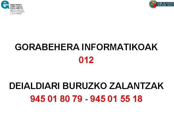 GORABEHERA INFORMATIKOAK 012 DEIALDIARI BURUZKO ZALANTZAK 945 01 80 79 - 945 01 55