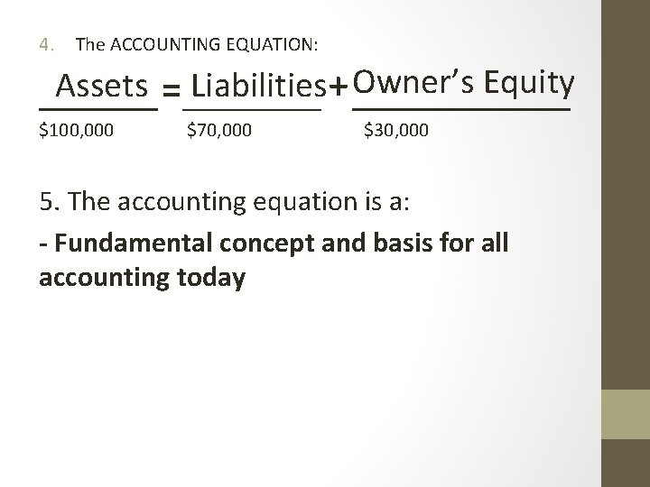 4. The ACCOUNTING EQUATION: Owner’s Equity Assets Liabilities + = ______________ $100, 000 $70,