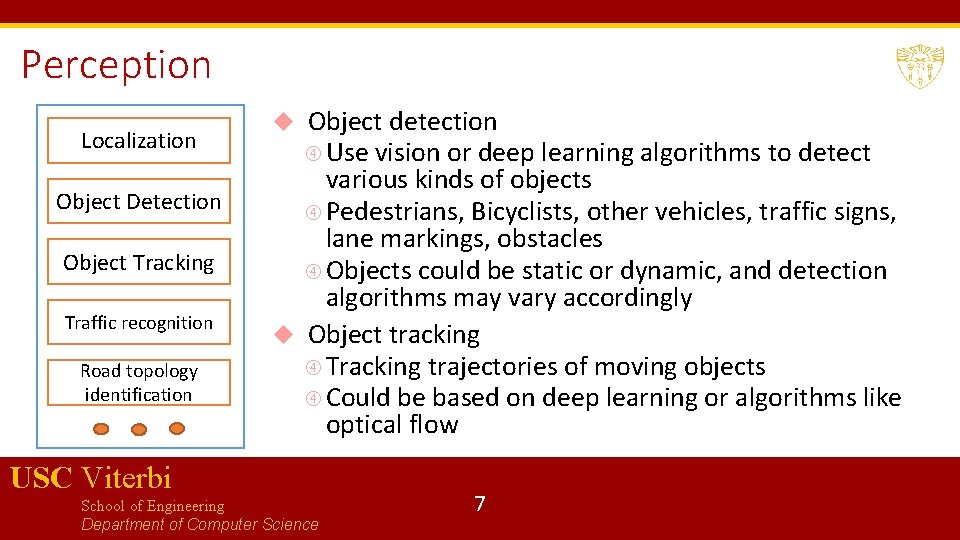 Perception Localization Object Detection Object Tracking Traffic recognition Road topology identification Object detection Use