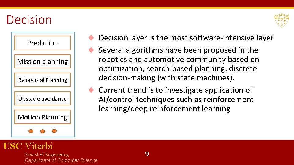 Decision Prediction Mission planning Behavioral Planning Obstacle avoidance Motion Planning Decision layer is the