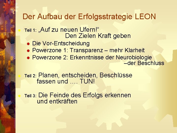 Der Aufbau der Erfolgsstrategie LEON ® Teil 1: „Auf zu neuen Ufern!“ Den Zielen