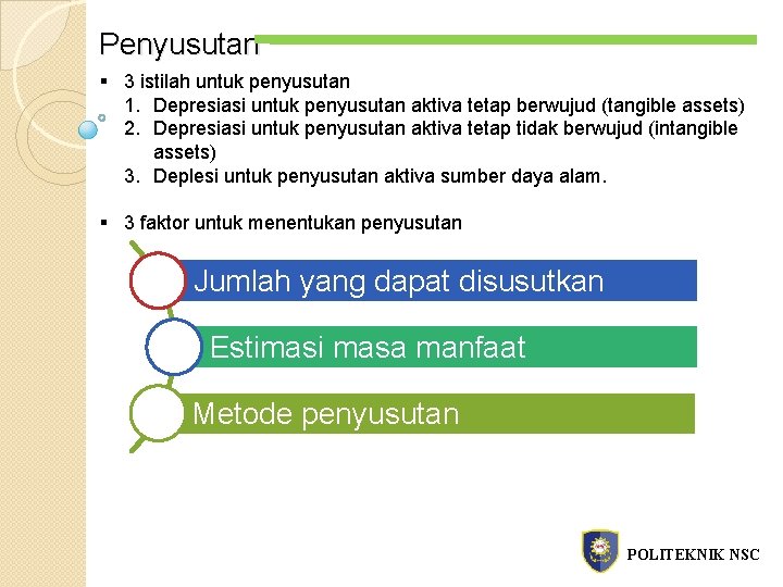 Penyusutan § 3 istilah untuk penyusutan 1. Depresiasi untuk penyusutan aktiva tetap berwujud (tangible