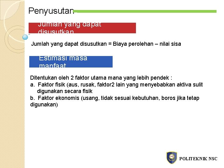 Penyusutan Jumlah yang dapat disusutkan = Biaya perolehan – nilai sisa Estimasi masa manfaat