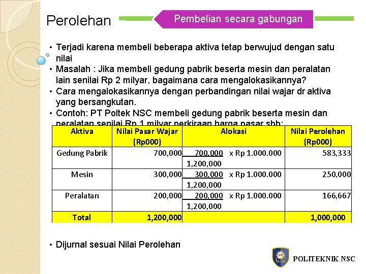 Perolehan Pembelian secara gabungan • Terjadi karena membeli beberapa aktiva tetap berwujud dengan satu