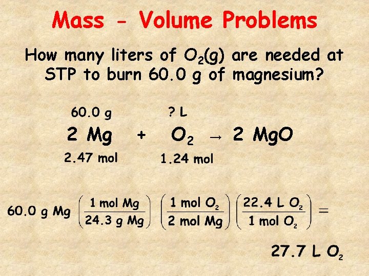 Mass - Volume Problems How many liters of O 2(g) are needed at STP