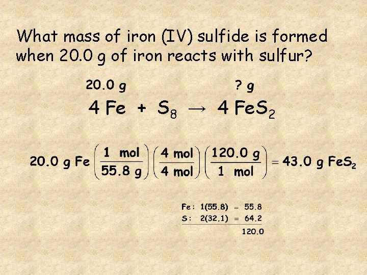 What mass of iron (IV) sulfide is formed when 20. 0 g of iron