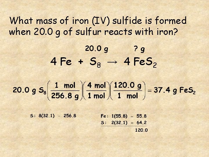 What mass of iron (IV) sulfide is formed when 20. 0 g of sulfur