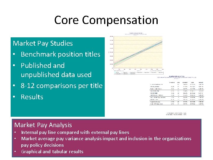 Core Compensation Market Pay Studies • Benchmark position titles • Published and unpublished data