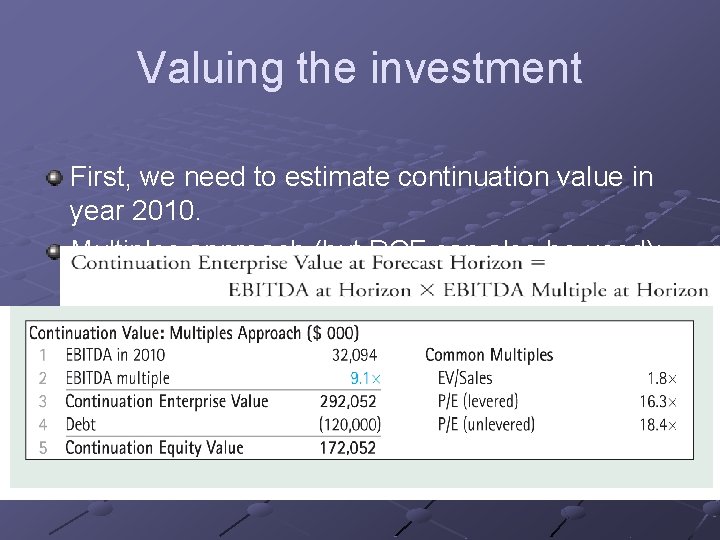 Valuing the investment First, we need to estimate continuation value in year 2010. Multiples