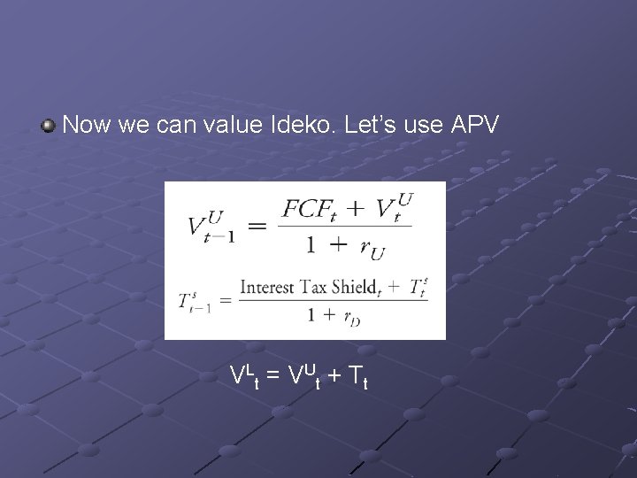 Now we can value Ideko. Let’s use APV V Lt = V Ut +