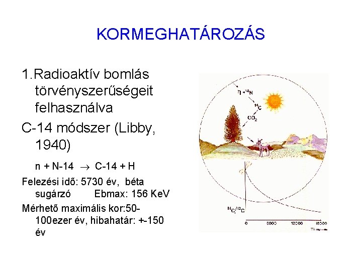 KORMEGHATÁROZÁS 1. Radioaktív bomlás törvényszerűségeit felhasználva C-14 módszer (Libby, 1940) n + N-14 C-14