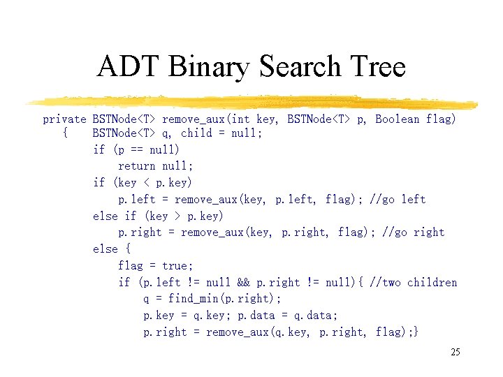 ADT Binary Search Tree private BSTNode<T> remove_aux(int key, BSTNode<T> p, Boolean flag) { BSTNode<T>