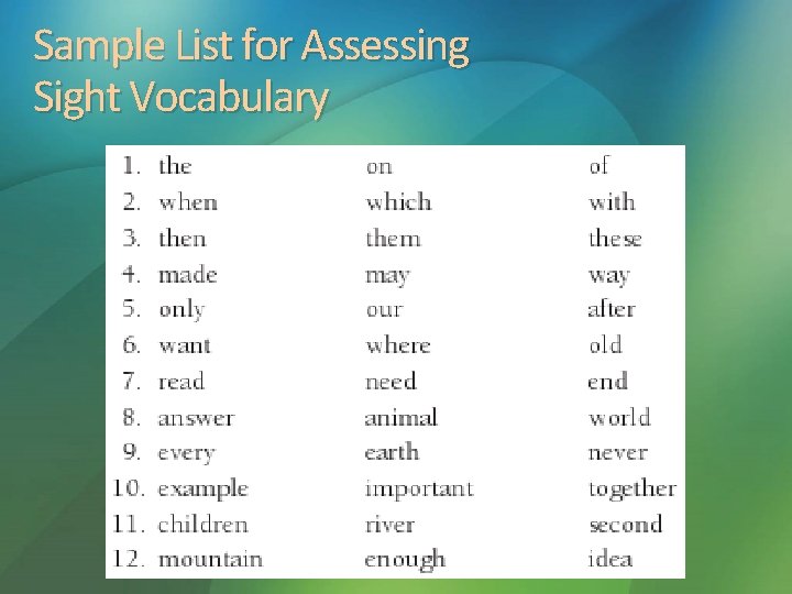 Sample List for Assessing Sight Vocabulary 