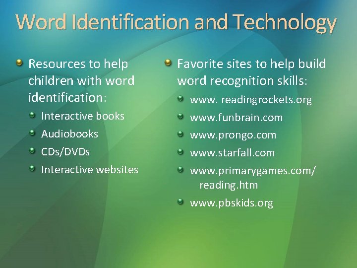 Word Identification and Technology Resources to help children with word identification: Interactive books Audiobooks