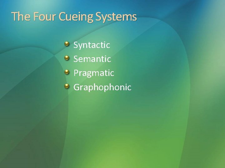 The Four Cueing Systems Syntactic Semantic Pragmatic Graphophonic 