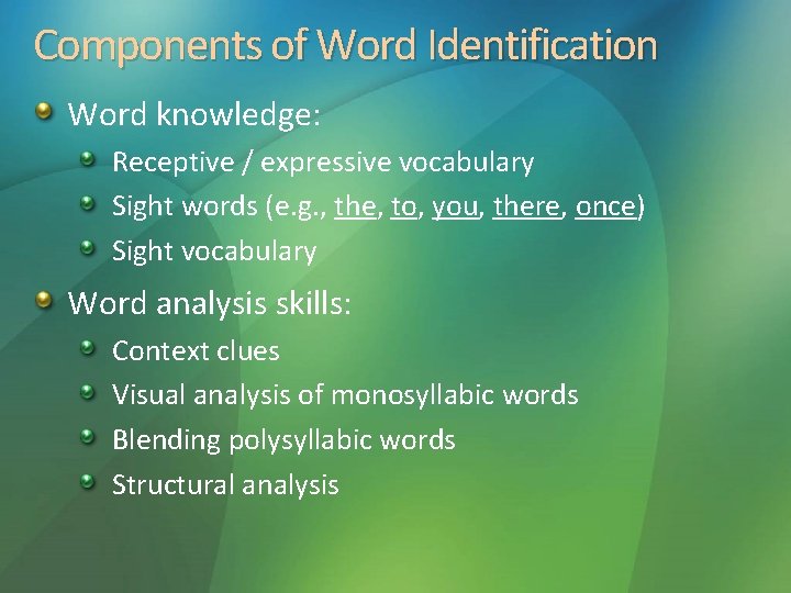 Components of Word Identification Word knowledge: Receptive / expressive vocabulary Sight words (e. g.