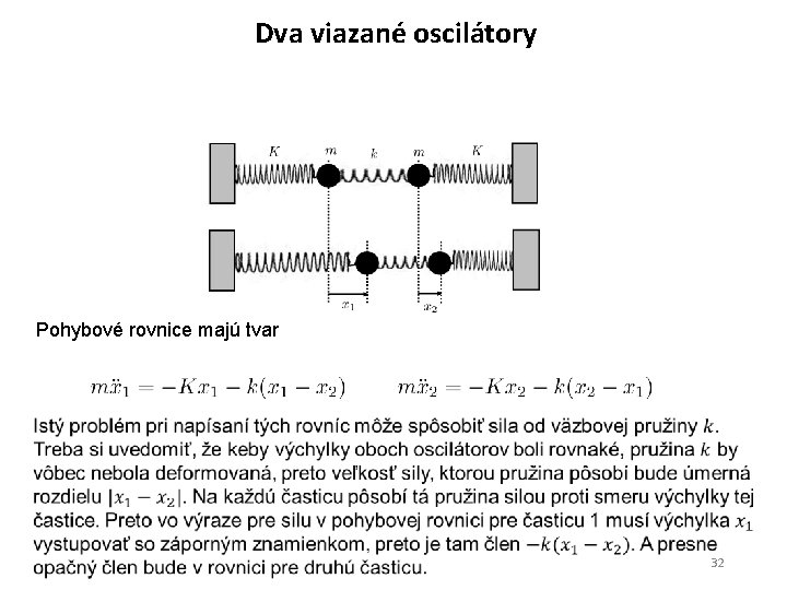 Dva viazané oscilátory Pohybové rovnice majú tvar 32 