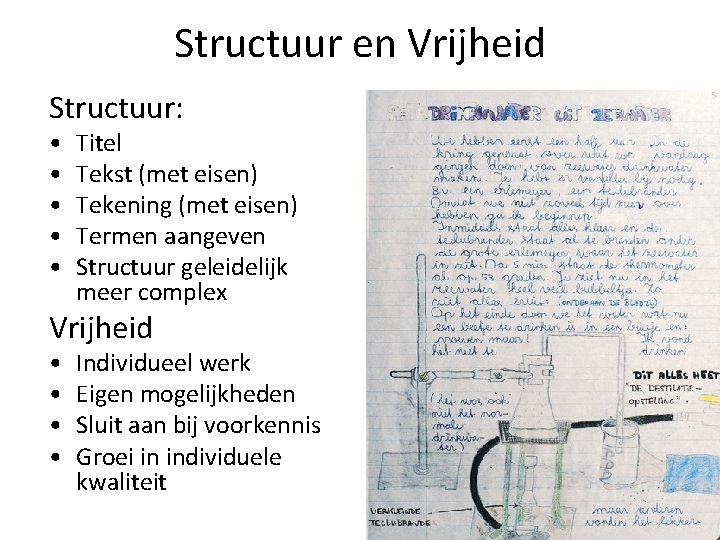 Structuur en Vrijheid Structuur: • • • Titel Tekst (met eisen) Tekening (met eisen)