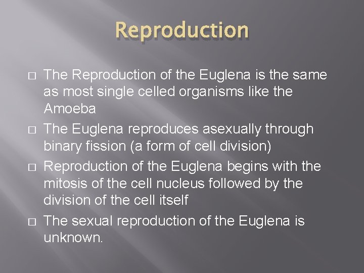 Reproduction � � The Reproduction of the Euglena is the same as most single