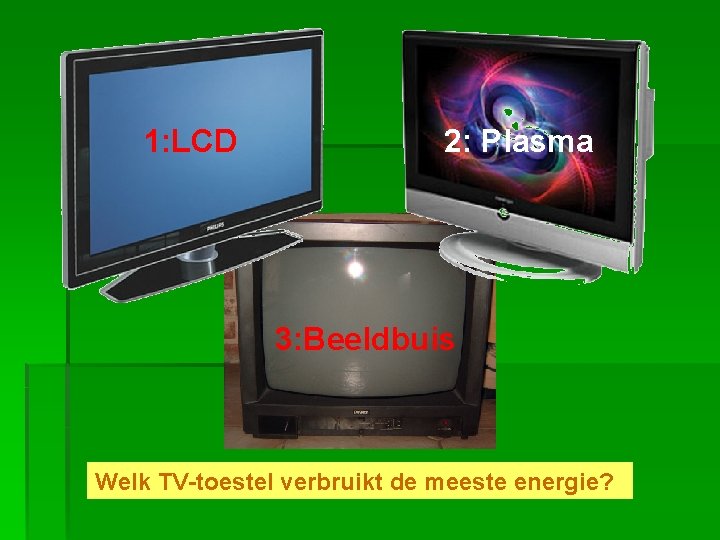 1: LCD 2: Plasma 3: Beeldbuis Welk TV-toestel verbruikt de meeste energie? 