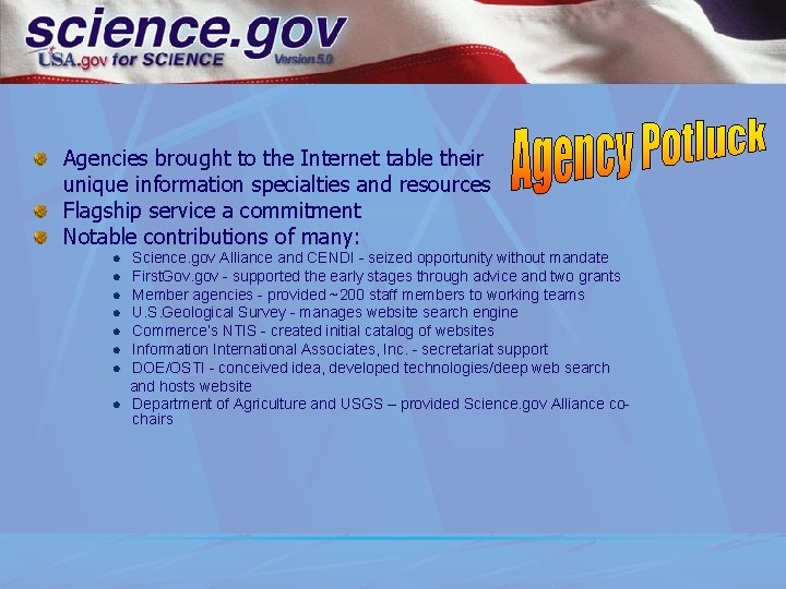 Agencies brought to the Internet table their unique information specialties and resources Flagship service