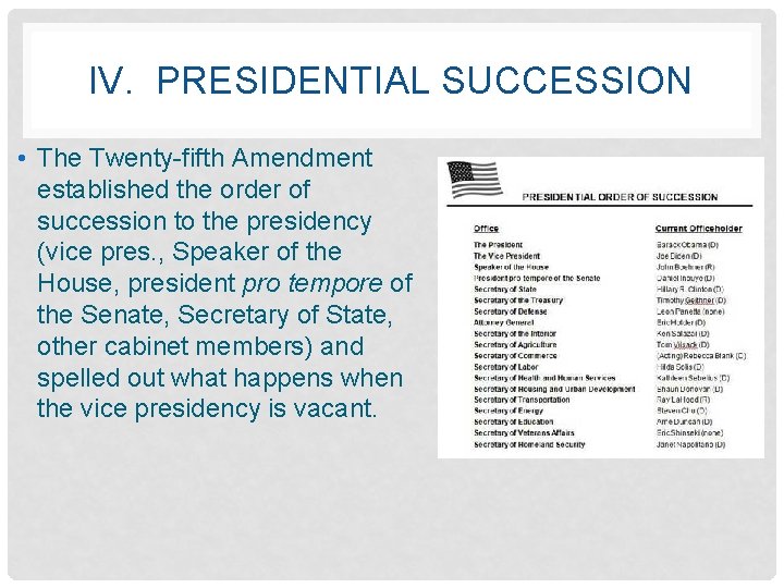 IV. PRESIDENTIAL SUCCESSION • The Twenty-fifth Amendment established the order of succession to the