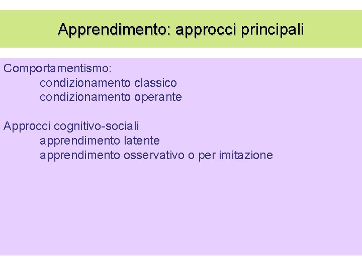 Apprendimento: approcci principali Comportamentismo: condizionamento classico condizionamento operante Approcci cognitivo-sociali apprendimento latente apprendimento osservativo