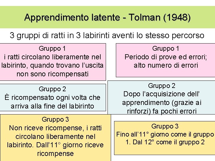 Apprendimento latente - Tolman (1948) 3 gruppi di ratti in 3 labirinti aventi lo