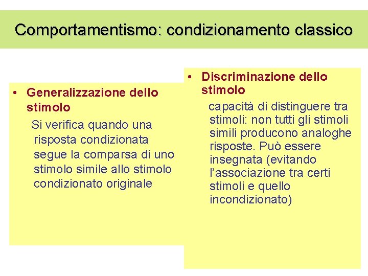 Comportamentismo: condizionamento classico • Generalizzazione dello stimolo Si verifica quando una risposta condizionata segue