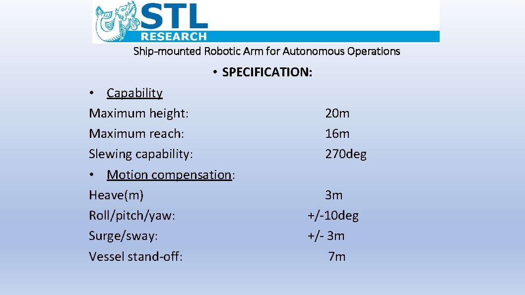 Ship-mounted Robotic Arm for Autonomous Operations • SPECIFICATION: • Capability Maximum height: Maximum reach: