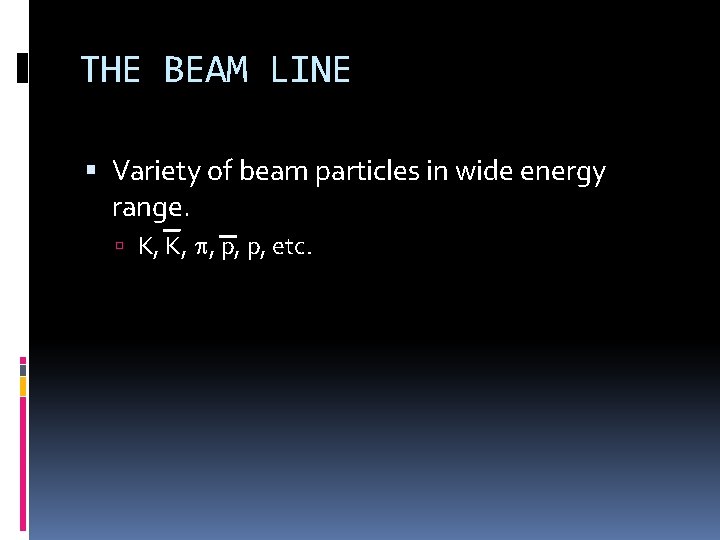 THE BEAM LINE Variety of beam particles in wide energy range. K, K, p,