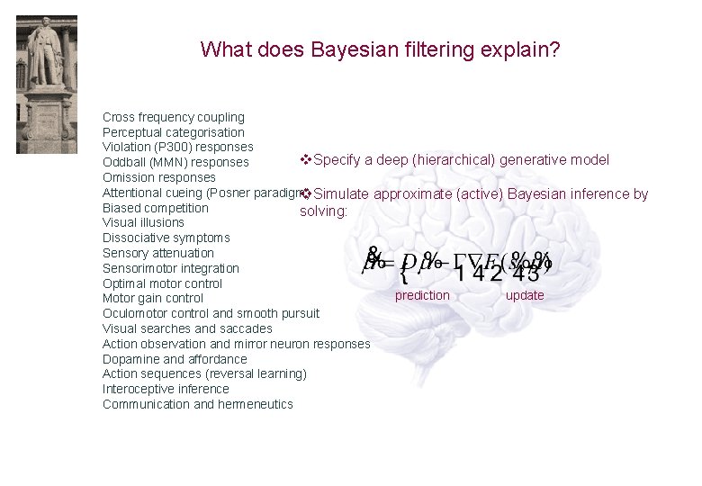 What does Bayesian filtering explain? Cross frequency coupling Perceptual categorisation Violation (P 300) responses