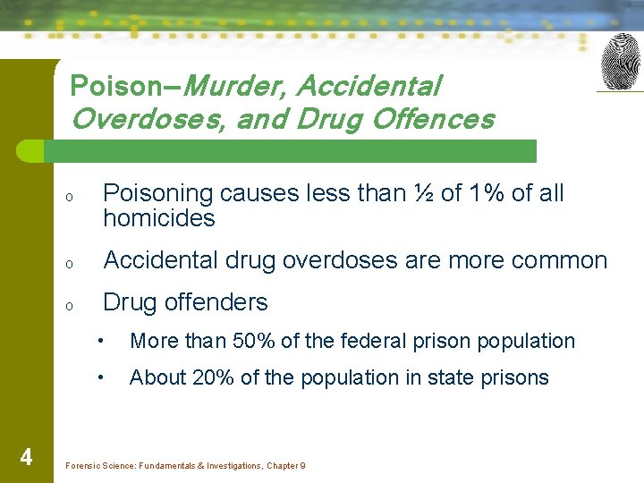 Poison—Murder, Accidental Overdoses, and Drug Offences o 4 Poisoning causes less than ½ of
