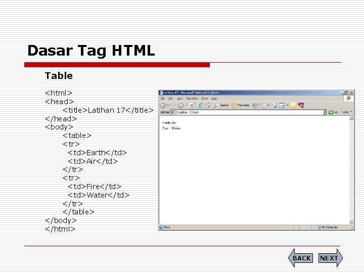 Dasar Tag HTML Table <html> <head> <title>Latihan 17</title> </head> <body> <table> <tr> <td>Earth</td> <td>Air</td>