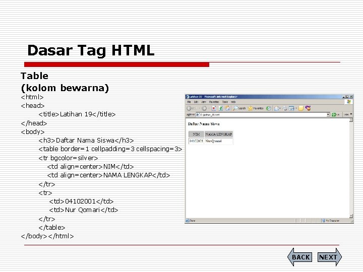 Dasar Tag HTML Table (kolom bewarna) <html> <head> <title>Latihan 19</title> </head> <body> <h 3>Daftar