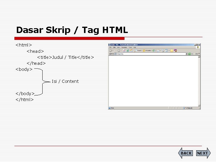 Dasar Skrip / Tag HTML <html> <head> <title>Judul / Title</title> </head> <body> Isi /