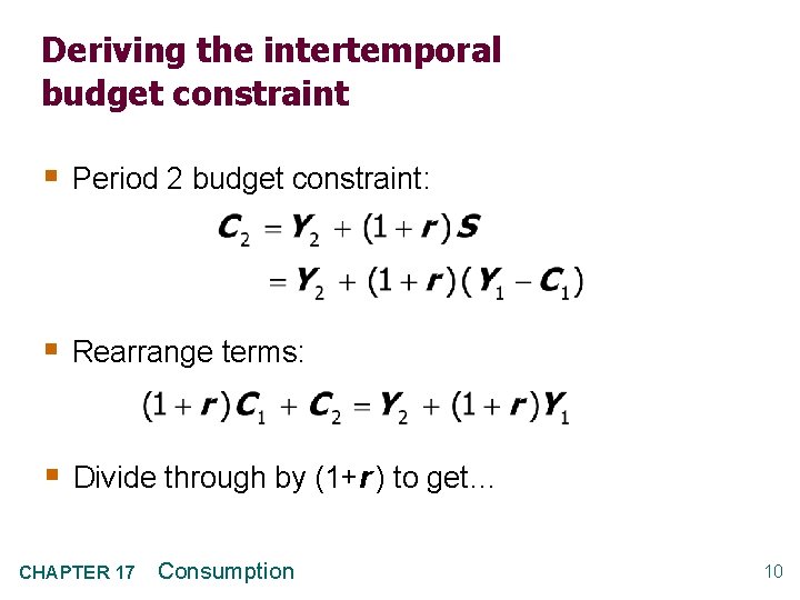 Deriving the intertemporal budget constraint § Period 2 budget constraint: § Rearrange terms: §