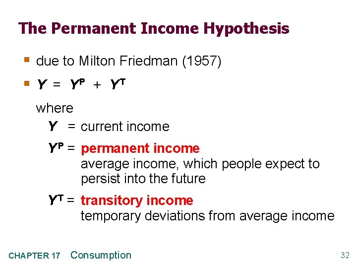 The Permanent Income Hypothesis § due to Milton Friedman (1957) § Y = YP