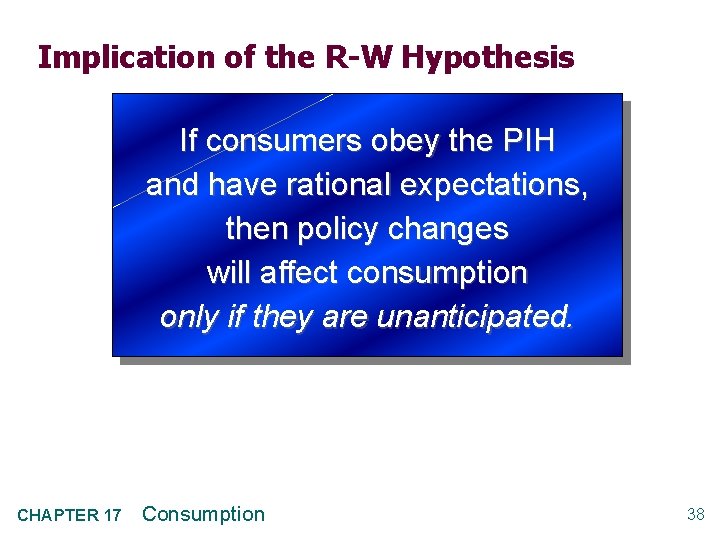 Implication of the R-W Hypothesis If consumers obey the PIH and have rational expectations,