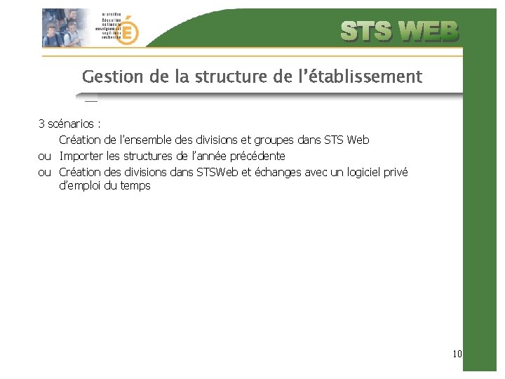 Gestion de la structure de l’établissement 3 scénarios : Création de l’ensemble des divisions