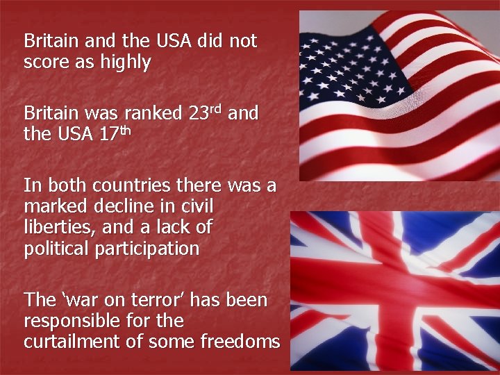 Britain and the USA did not score as highly Britain was ranked 23 rd