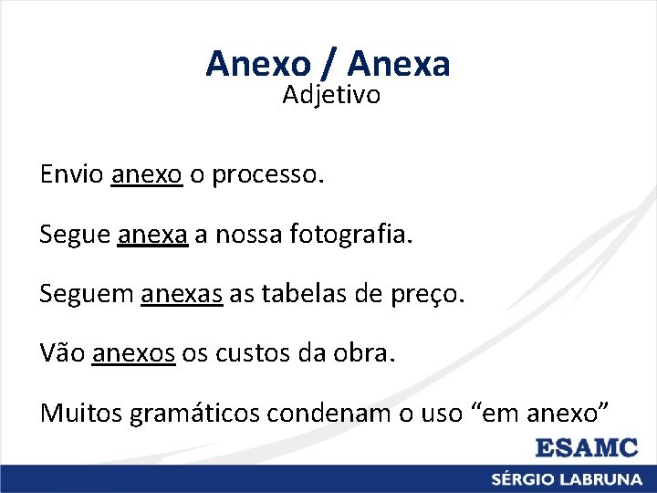 Anexo / Anexa Adjetivo Envio anexo o processo. Segue anexa a nossa fotografia. Seguem