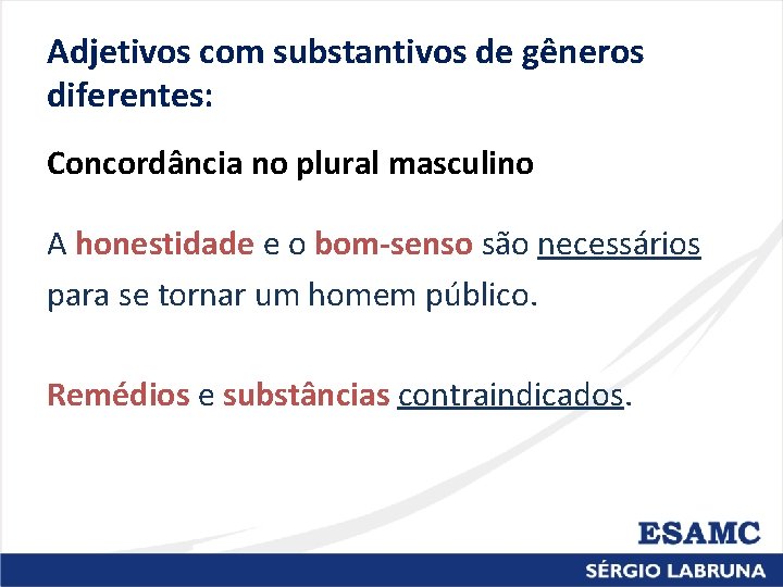Adjetivos com substantivos de gêneros diferentes: Concordância no plural masculino A honestidade e o
